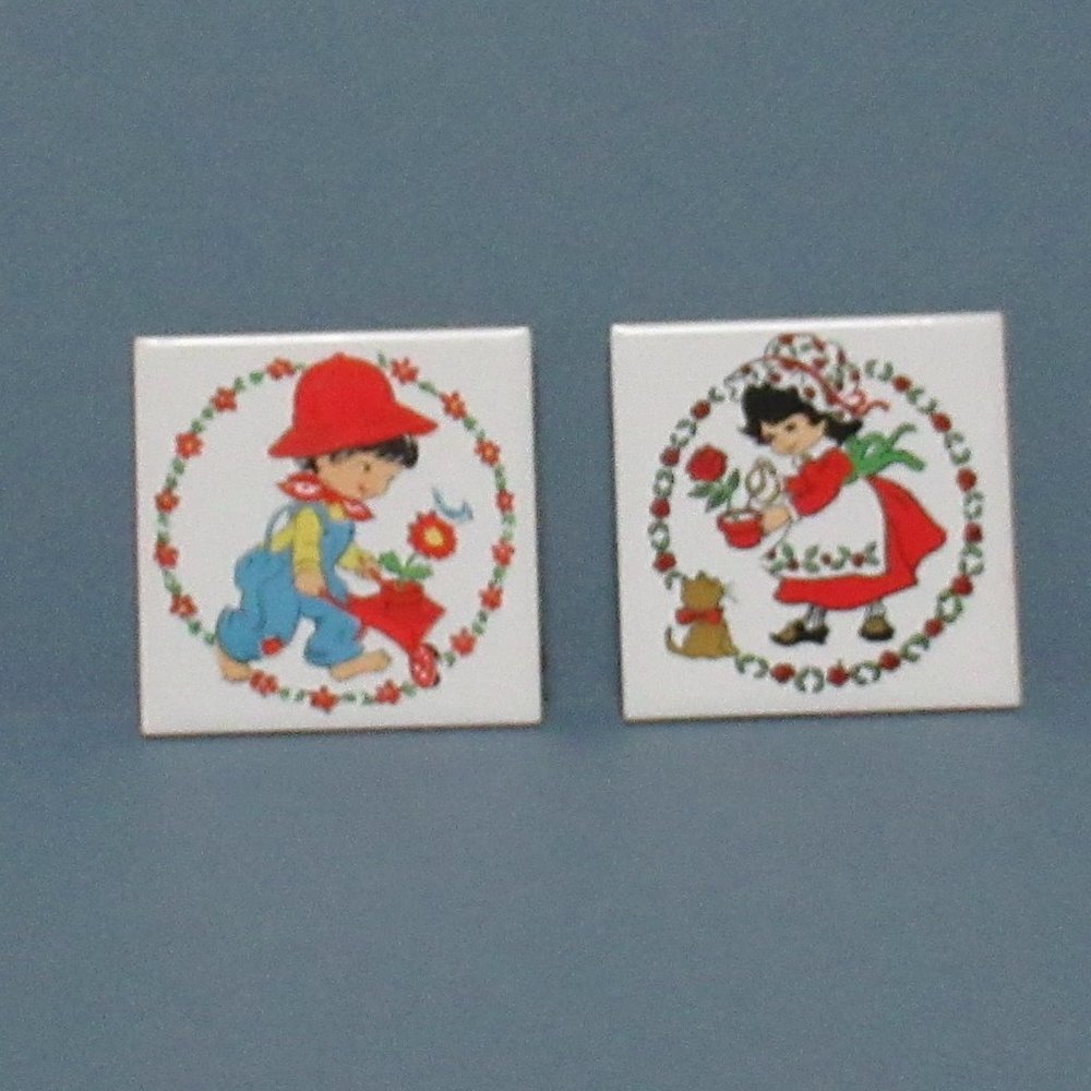 2 MCM Ceramic Trivets Boy Girl Gardening Flowers Cat Bluebird Wheelbarrow